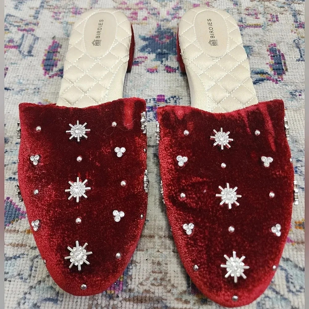 Birdies Songbird Burgundy Velvet Crystal Mule Slippers Womens Size 9